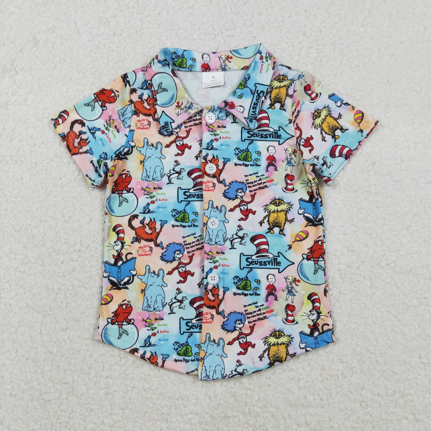 RTS NO MOQ(In Stock) Dr. Seuss Elephant Fish Tank Colorful Button-Up Short-Sleeve Top