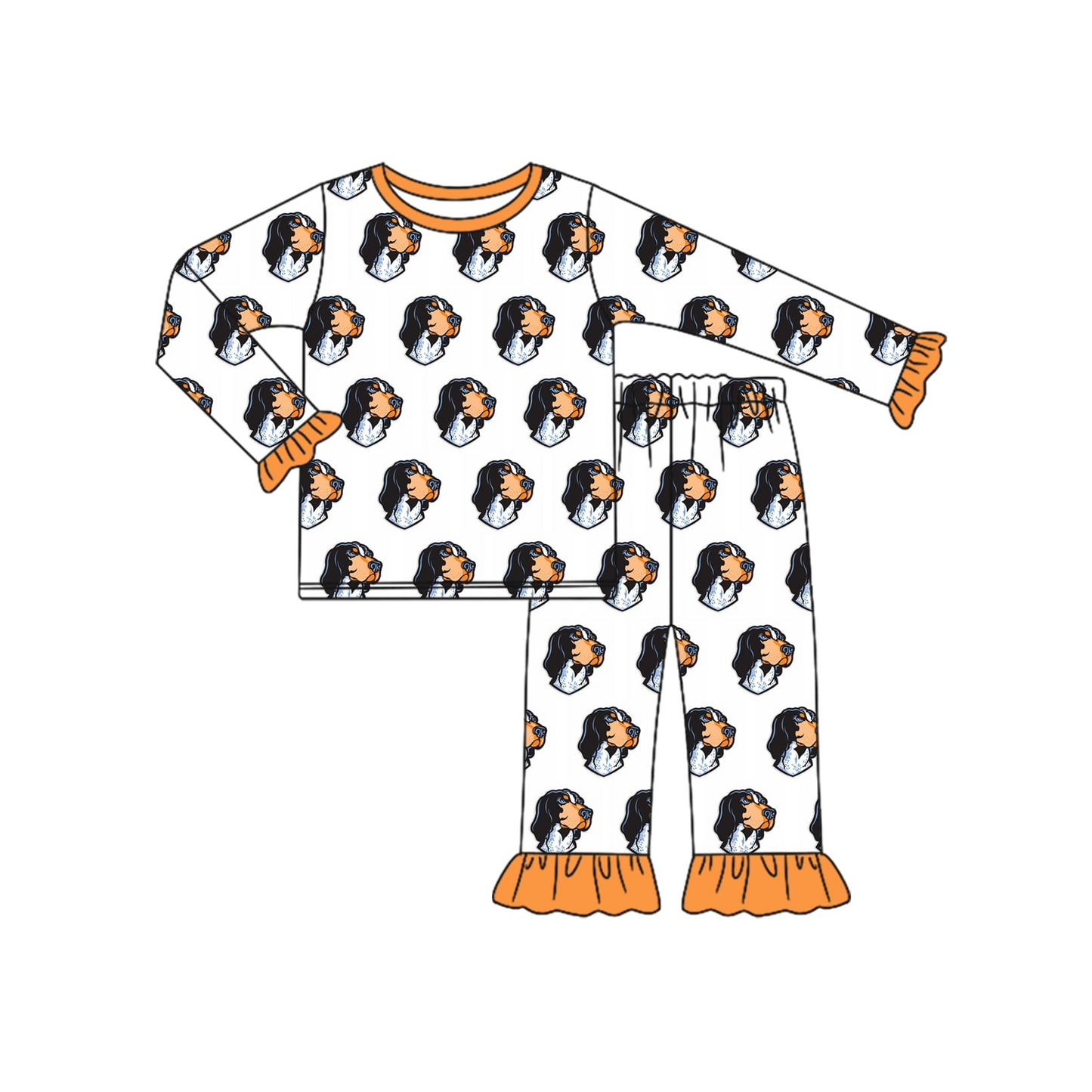 Deadline October 27 custom no moq eta 6-8weeks bamboo big ears puppy pattern orange pleated cuffs long sleeve suit