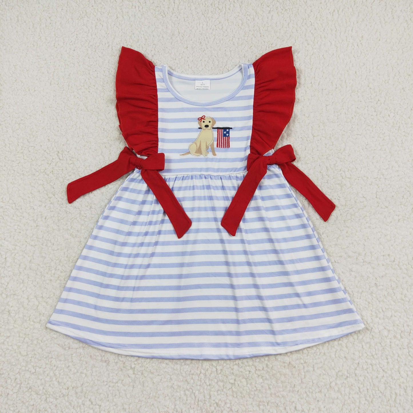 RTS NO MOQ(In Stock) embroidery puppy flag striped red lace bow flying sleeve dress
