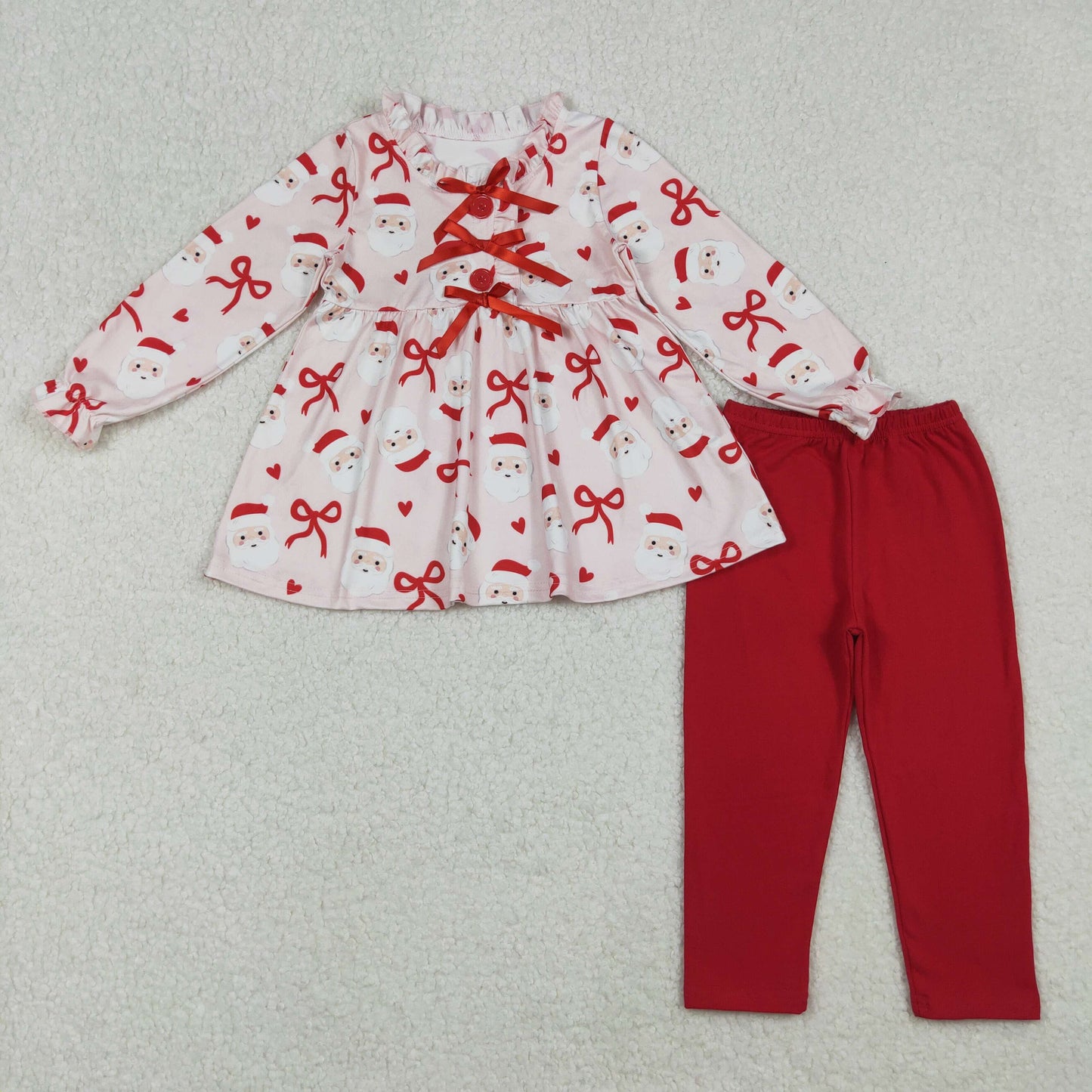 RTS NO MOQ(In Stock) GLP2642 Pink long-sleeved pantsuit with red Santa Claus heart and bow pattern