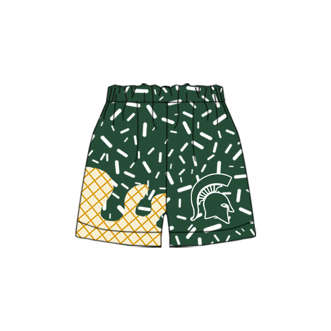 Custom moq 5 mix size sprinkle shorts and skirts with green and gold shorts