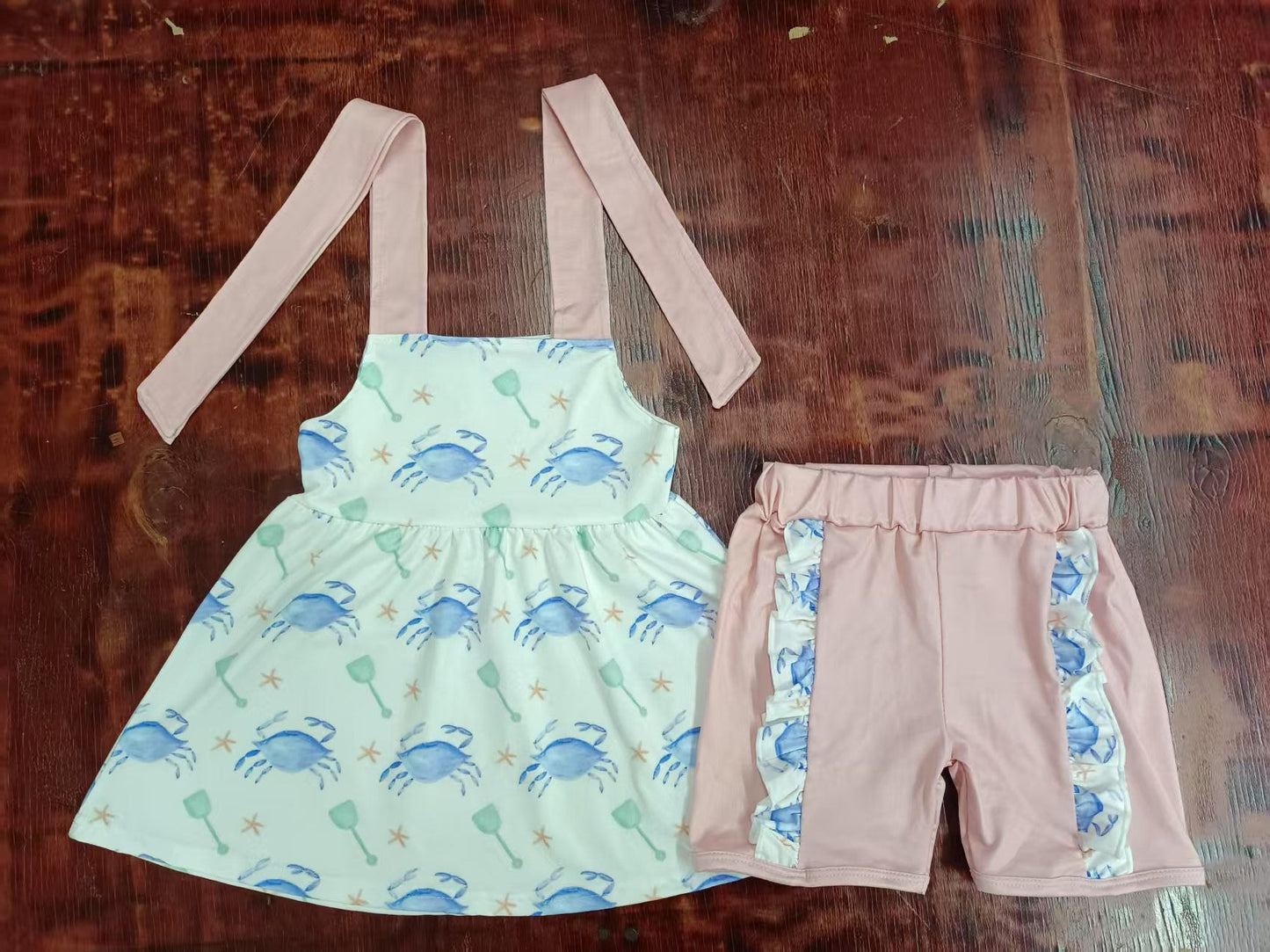 Custom moq 3 eta 6-7weeks baby girls clothes crab suspender shorts sets