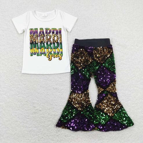 RTS NO MOQ Sibling Baby Girls Mardi Gras Outfit Top with Bell Bottom Pants Clothing Set for Infants