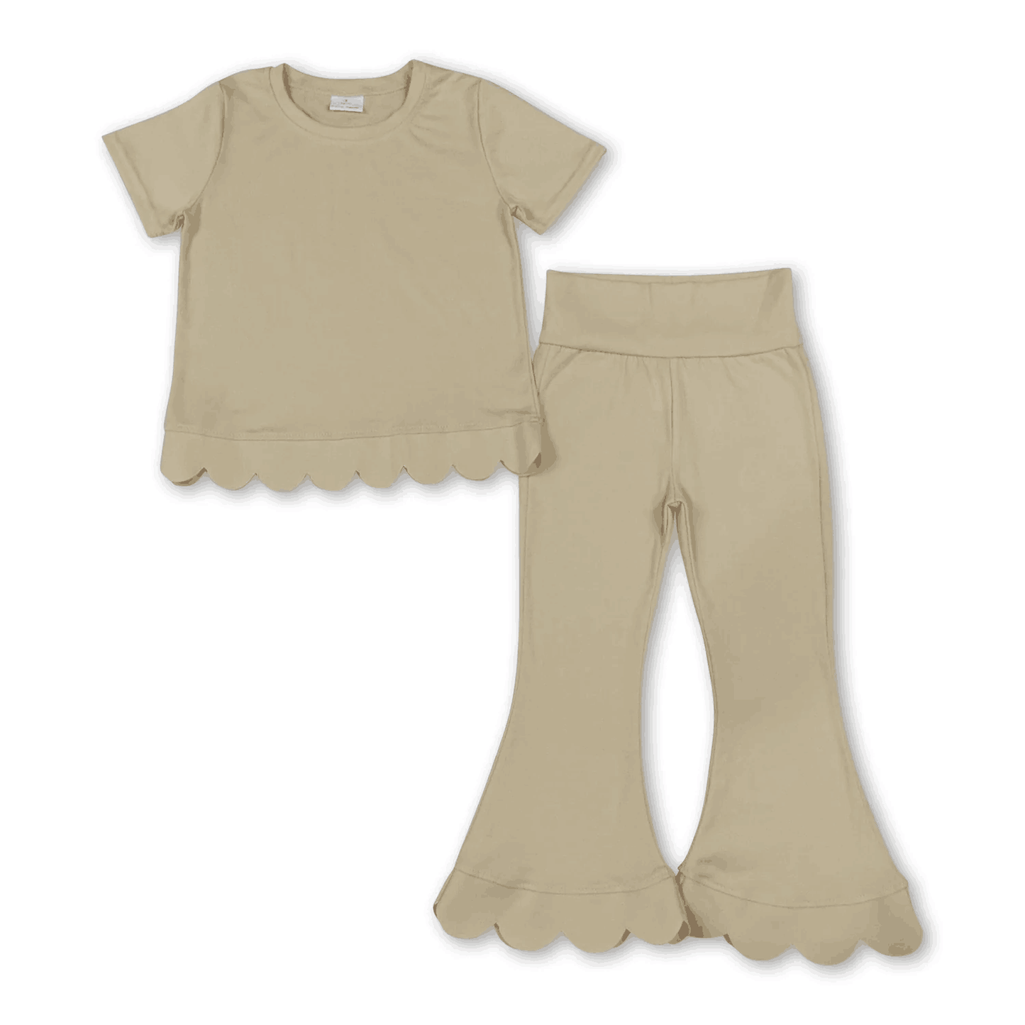RTS NO MOQ Sibling cotton Baby Girls Solid Short Sleeve Shirts Top Bell Bottom Pant Scallop Sets