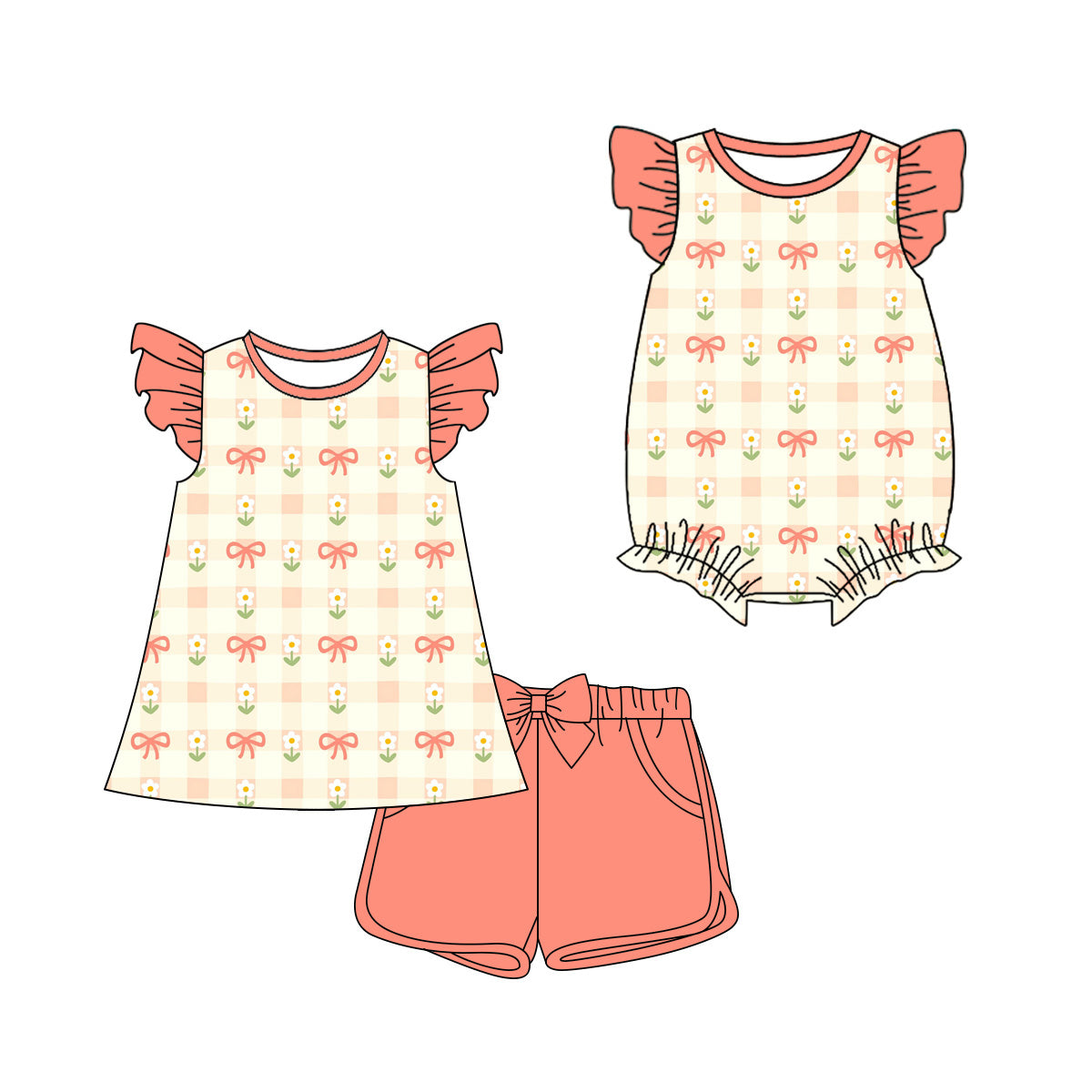 3.25 Custom moq 5 mix size Sibling Baby Girl's Bows Flutter Sleeve Top And Shorts Set Cute Romper Dress for Summer