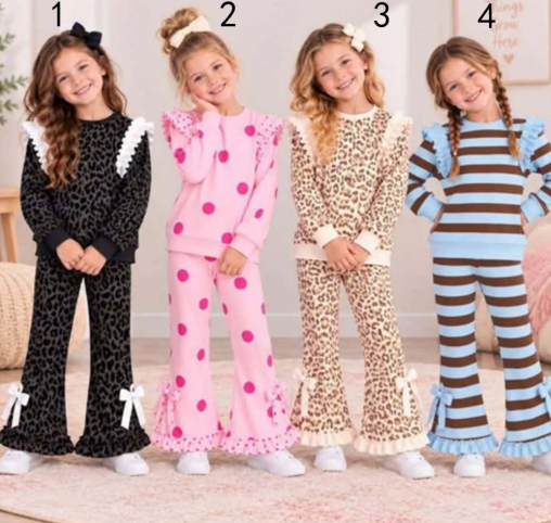 custom moq 5 mix size BYSN01 Baby Girls Ruffle Shoulder Long Sleeve Top and Bow Flare Pants Set