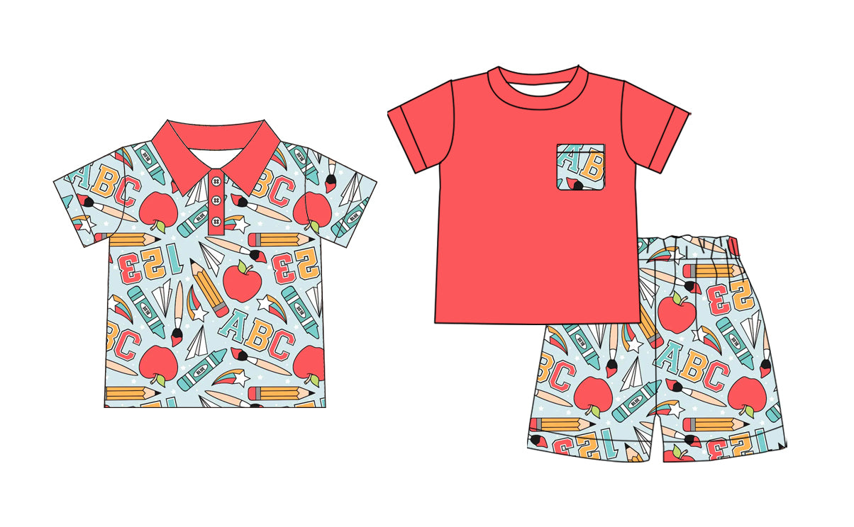 3.2 Custom moq 5 mix size Sibling Baby Boys Back To School Short-Sleeved Red Top And Shorts Set Short-Sleeve Polo Shirt for Infants