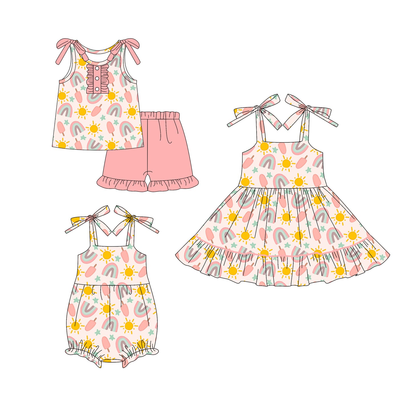4.18 custom each style moq 5eta 4-6week Sibling Sisters rainbow baby girl short sleeve shorts sets and dress and rompers match family design