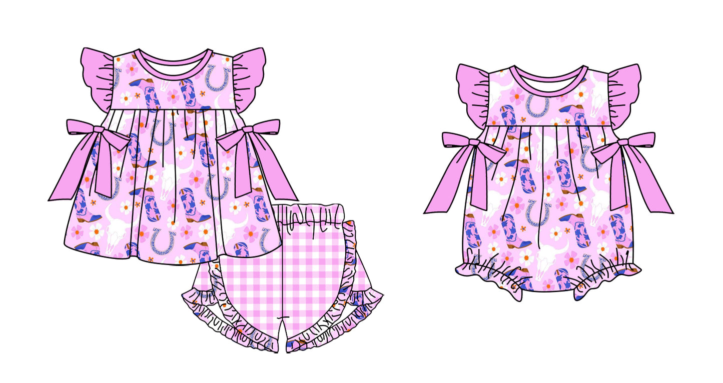 11.19 custom each style moq 5eta 4-6week Sibling Sister boot cow head baby girl short sleeve shorts sets and rompers match design