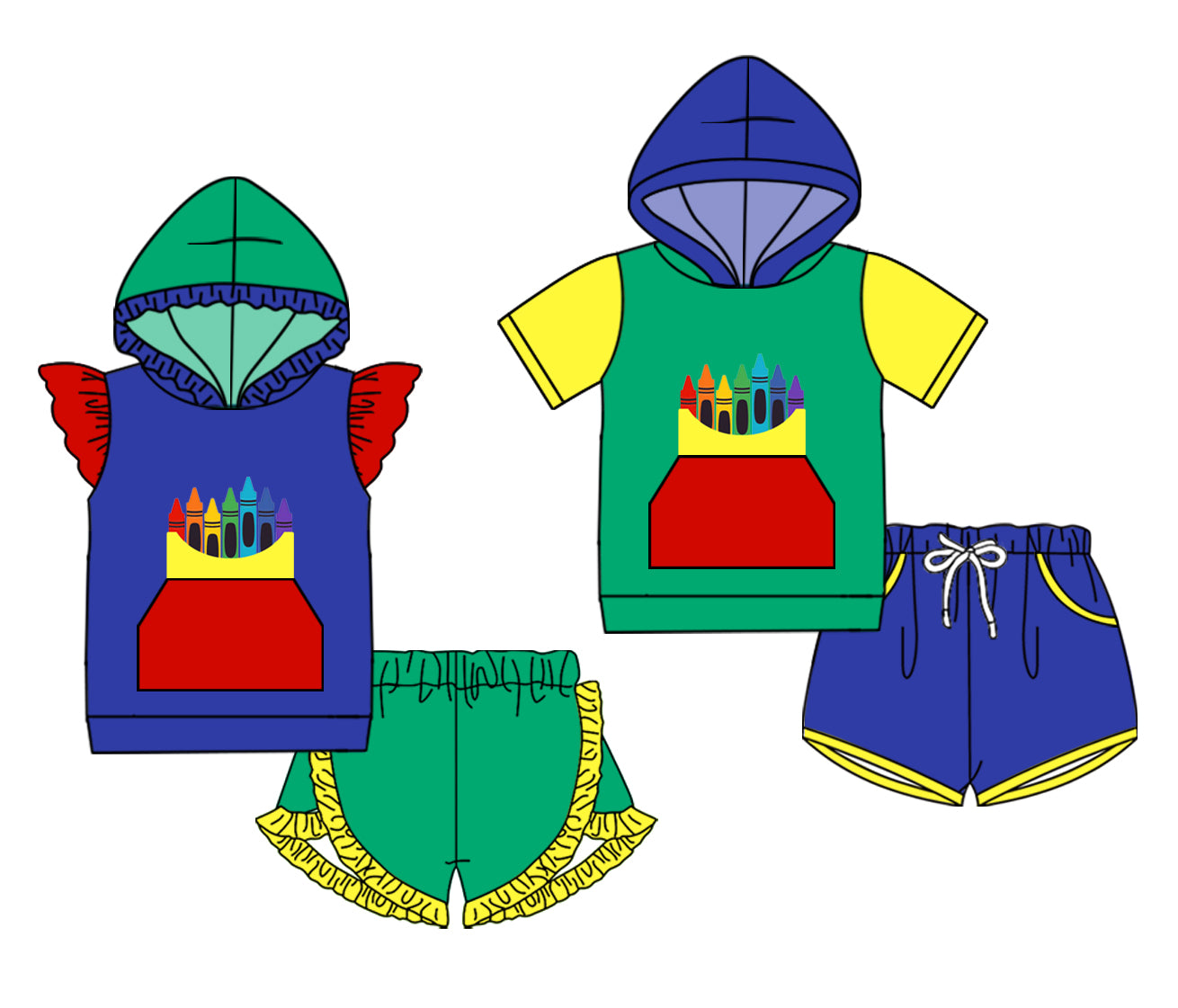 4.16 custom each style moq 5eta 4-6week Sibling Sister baby boy hooded short sleeve set 1 and set 2 match design