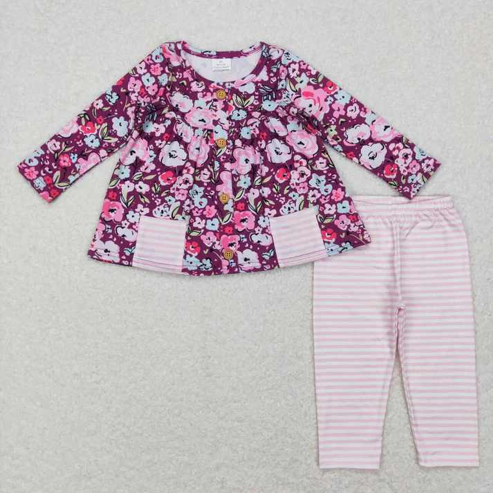RTS NO MOQ Baby Girls Floral Pocket Tunic Sibling Legging Pants Clothing Sets