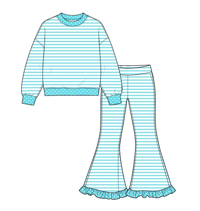 custom moq 5 mix size Baby Girls Cyan Stripe Polka Dot Long Sleeve Top And Ruffle Bell Bottom Pants Fall Outfit Set