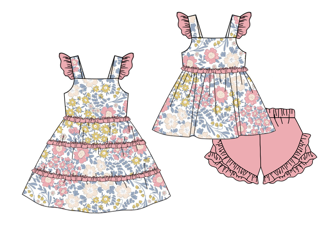 11.11 custom each style moq 5eta 4-6week Sibling Sister floral baby girl short sleeve shorts sets and dresses match design