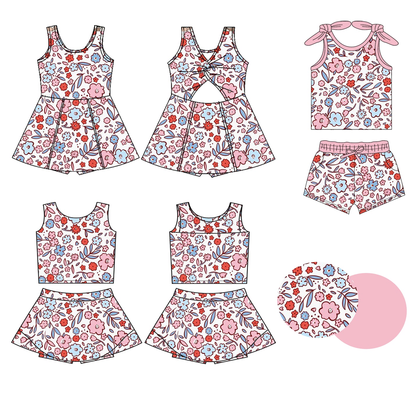 25.12.26 custom each style moq 5 eta 6-8week Sibling Sisters floral baby girl clothes short sleeve shorts sets and skirts set 2 and dress match family design