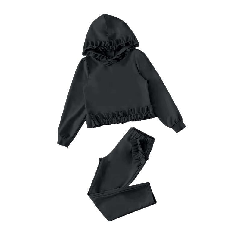 7.11 custom each style moq 5eta 4-6week cotton clothes black hooded long sleeve pants baby girls sets