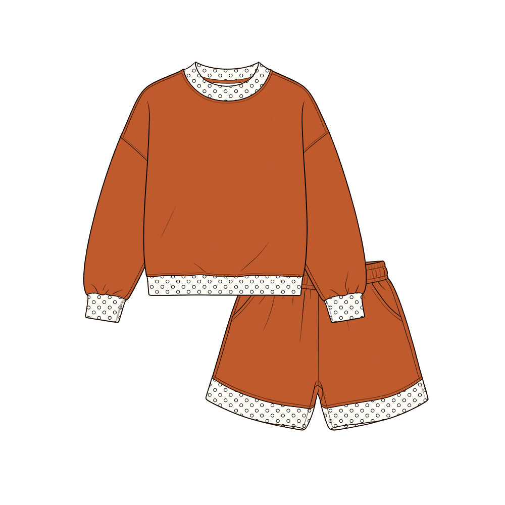 Custom moq 5 cotton fabric girls sets Orange and white long-sleeve top and shorts set blank offer custom logo sets