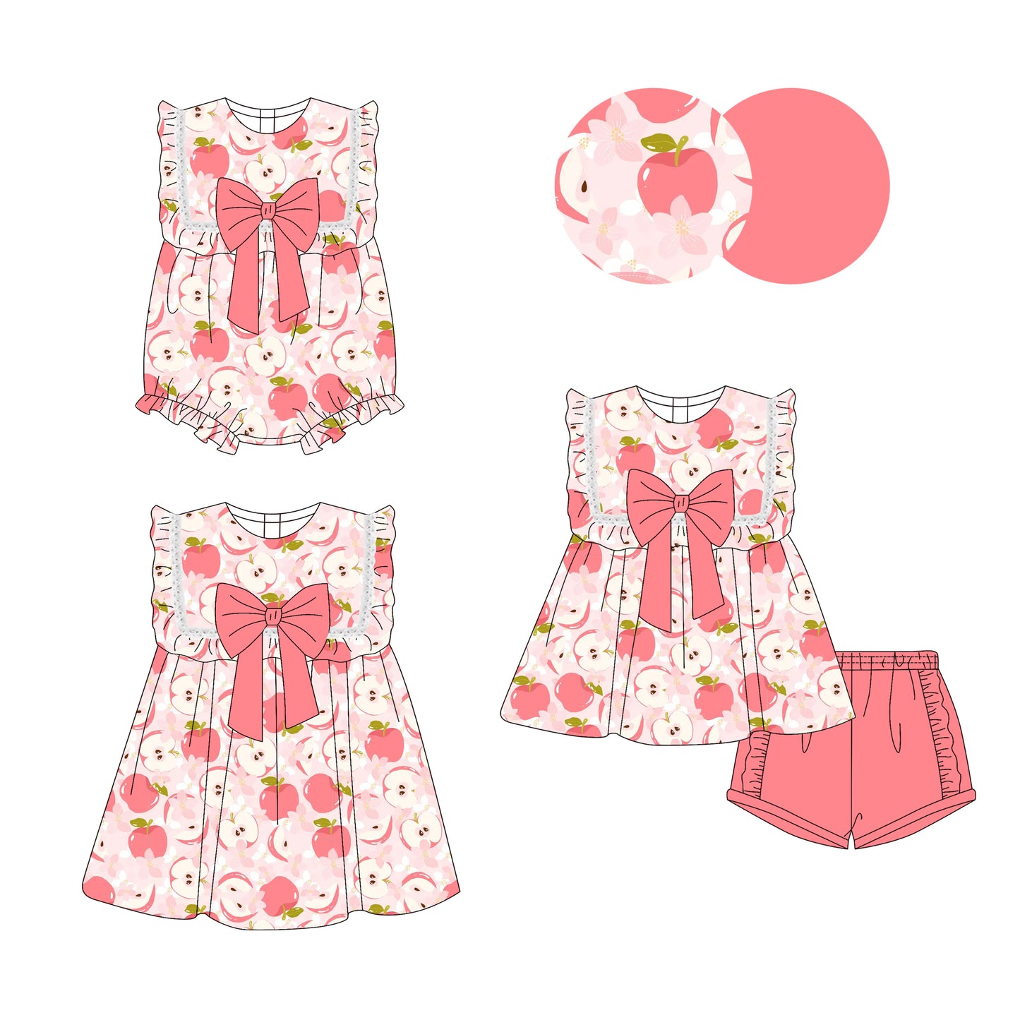 3.29 custom each style moq 5eta 4-6week Sibling Sisters apple baby girl short sleeve shorts sets and dress and rompers match family design