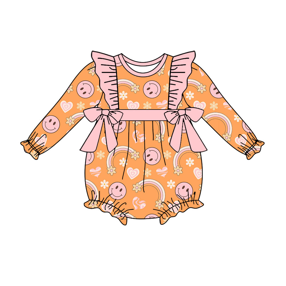 6.19 custom each style moq 5eta 4-6week Sibling Sister smiley orange baby girls sets and dress and rompers match family design