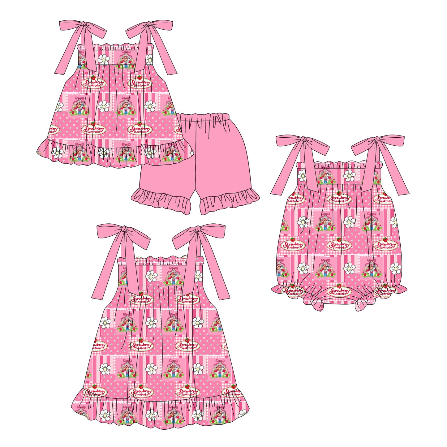3.14 Custom moq 5 mix size Sibling Cute Clothes Baby Girl's Pink Checked Strap Top And Pink Short Set Matching Romper Dress for Summer