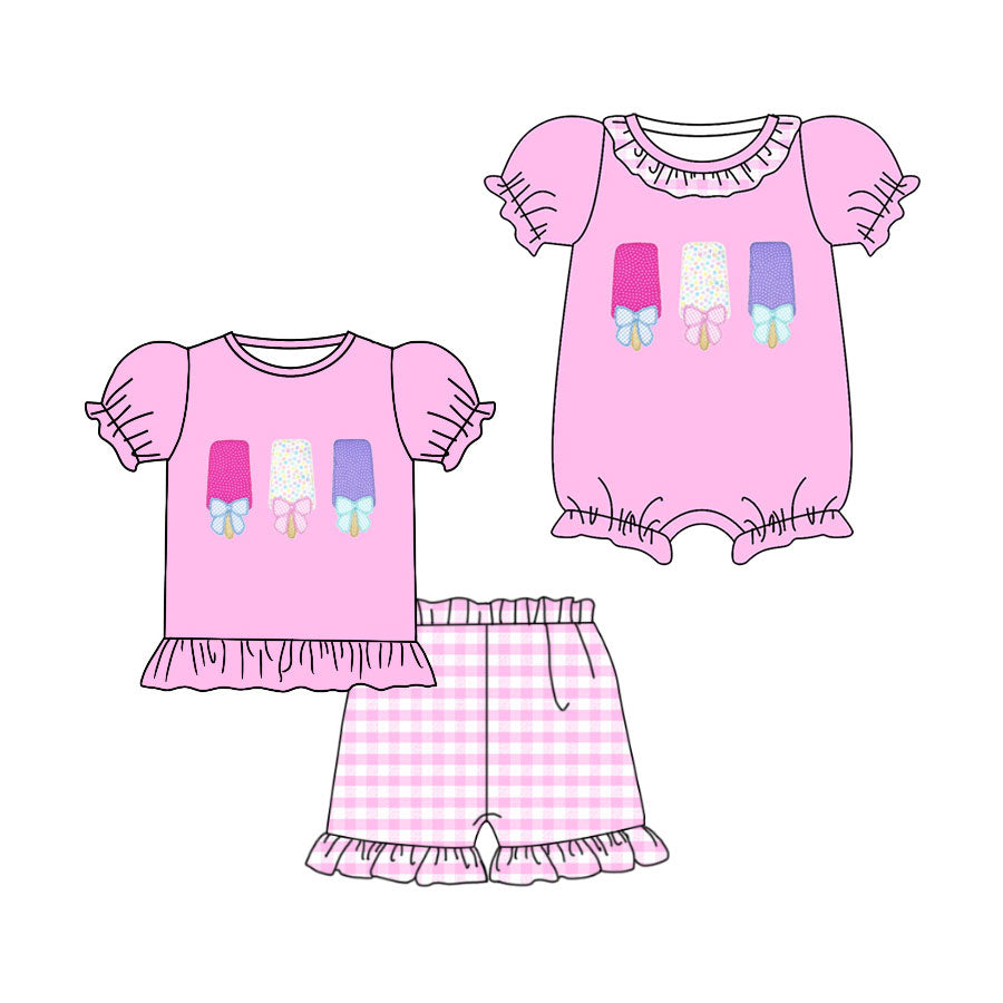 4.9 Custom moq 5 mix size Sibling Baby Girl's Pink Short Sleeve Top Checked Shorts Set Cute Romper for Summer