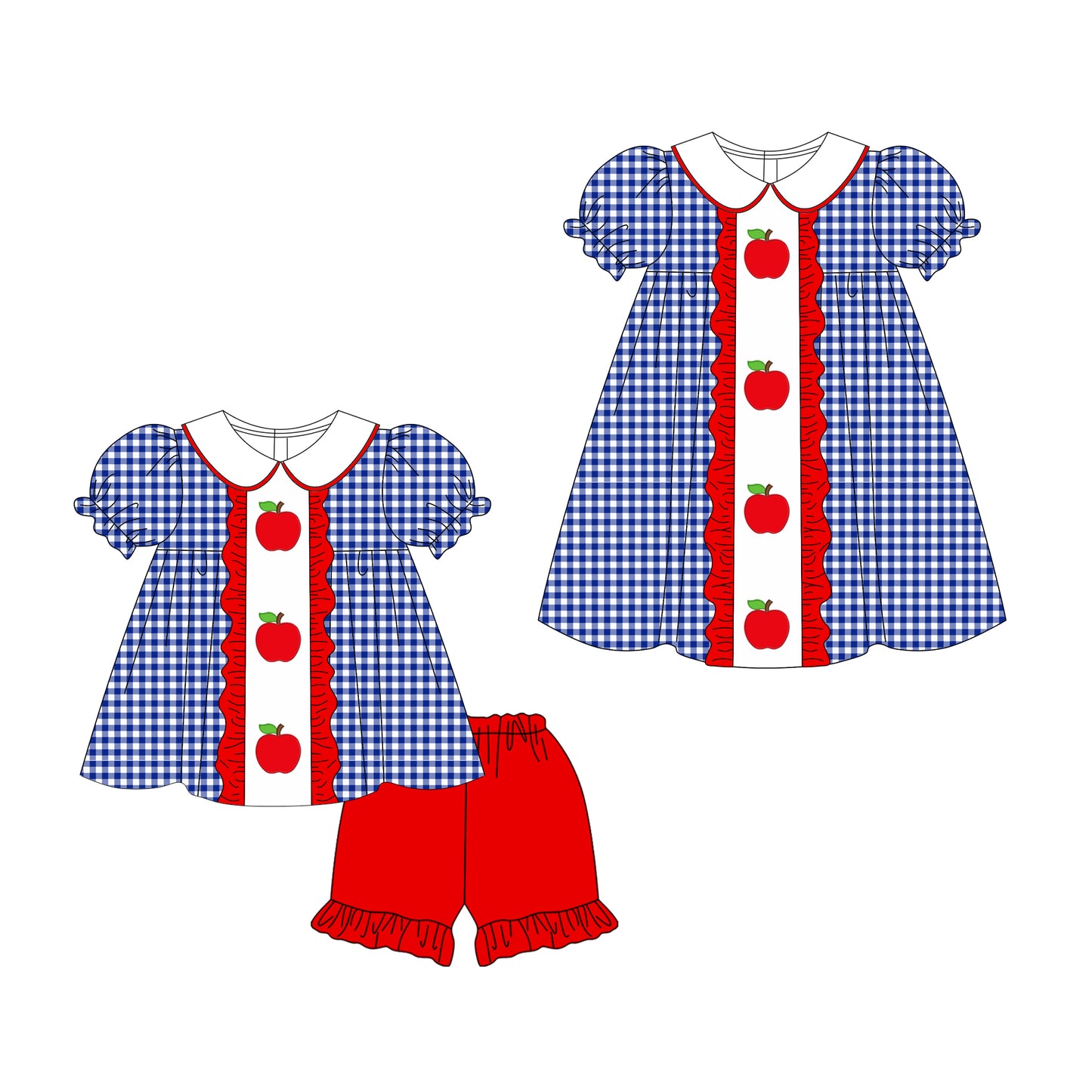 3.11 Custom moq 5 mix size Sibling Baby Girl's Yellow Back To School Blue Short-Sleeved Top And Red Shorts Set Cute Dress for Summer