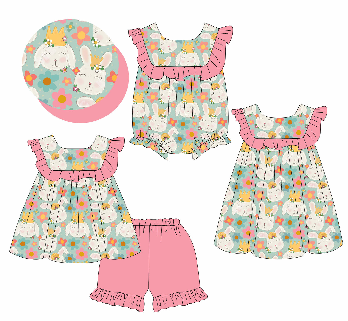 25.11.12 custom each style moq 5 eta 6-8week Sibling Sister bunny floral baby short sleeve shorts sets and romper and dress match design