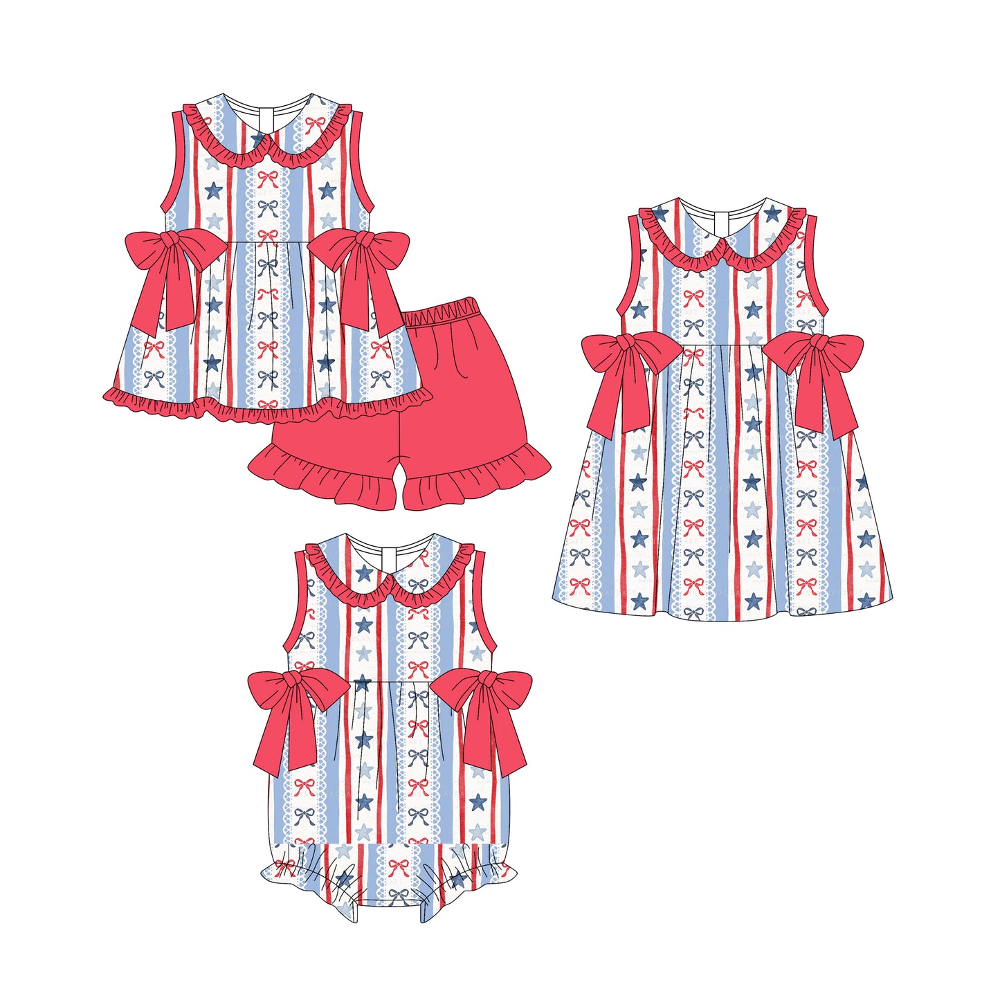 25.11.3 custom each style moq 5 eta 6-8week Sibling Sister star bow baby short sleeve shorts sets and romper and dress match design