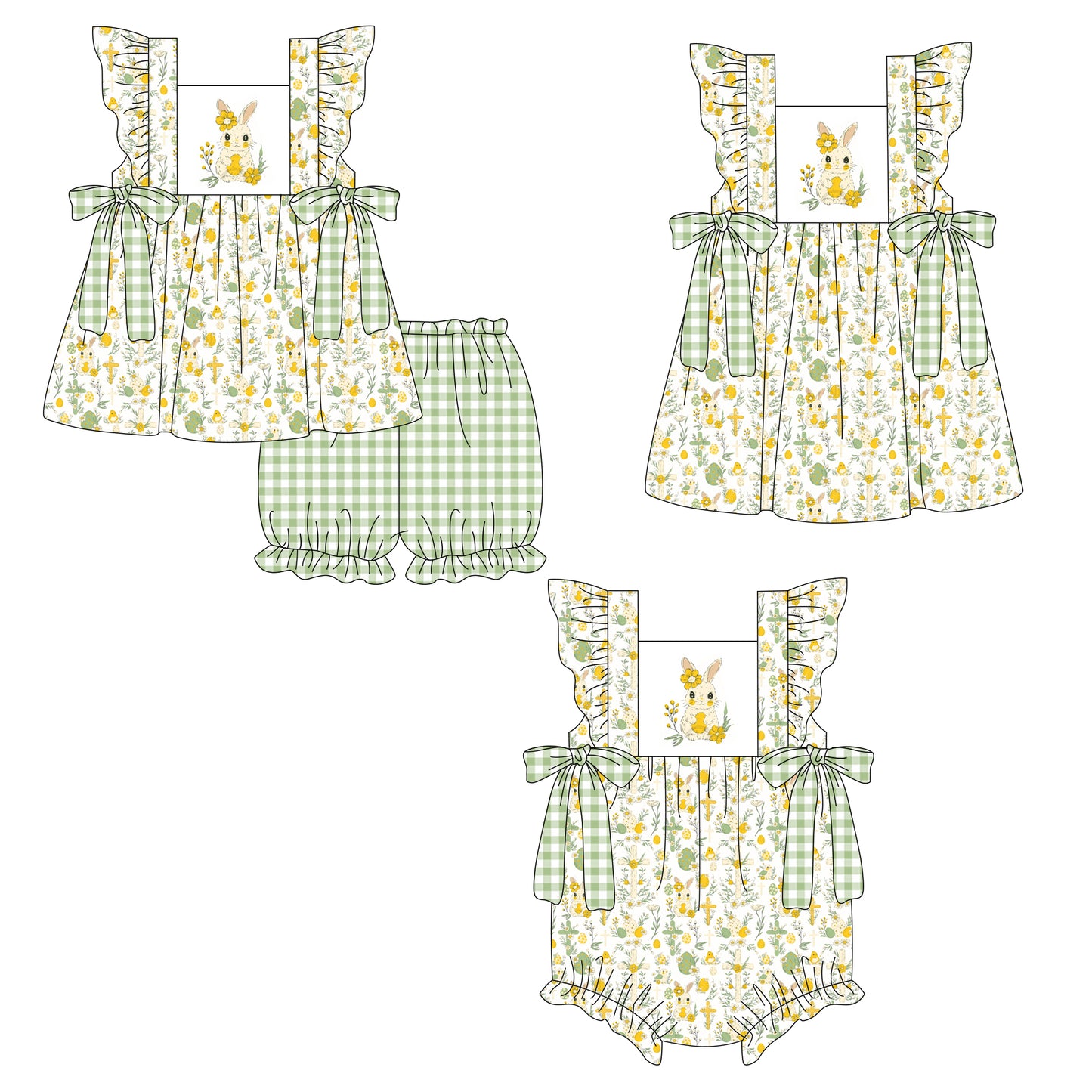 26.1.5 custom each style moq 5 eta 6-8week Sibling Sister easter baby short sleeve shorts sets and romper and dress match design