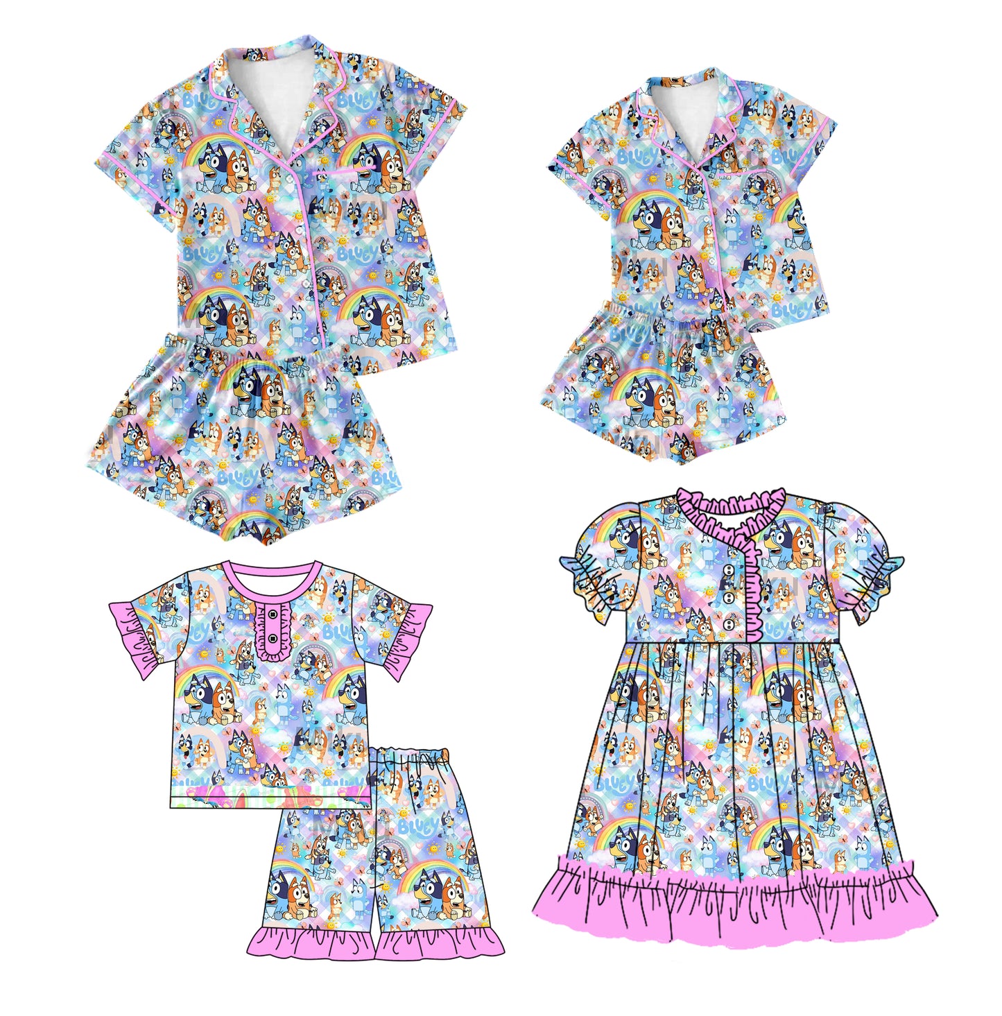 12.14 custom each style moq 5eta 4-6week Sibling Sister carton dog rainbow baby girls short sleeve shorts sets and adult sets and girls sets and dress match design