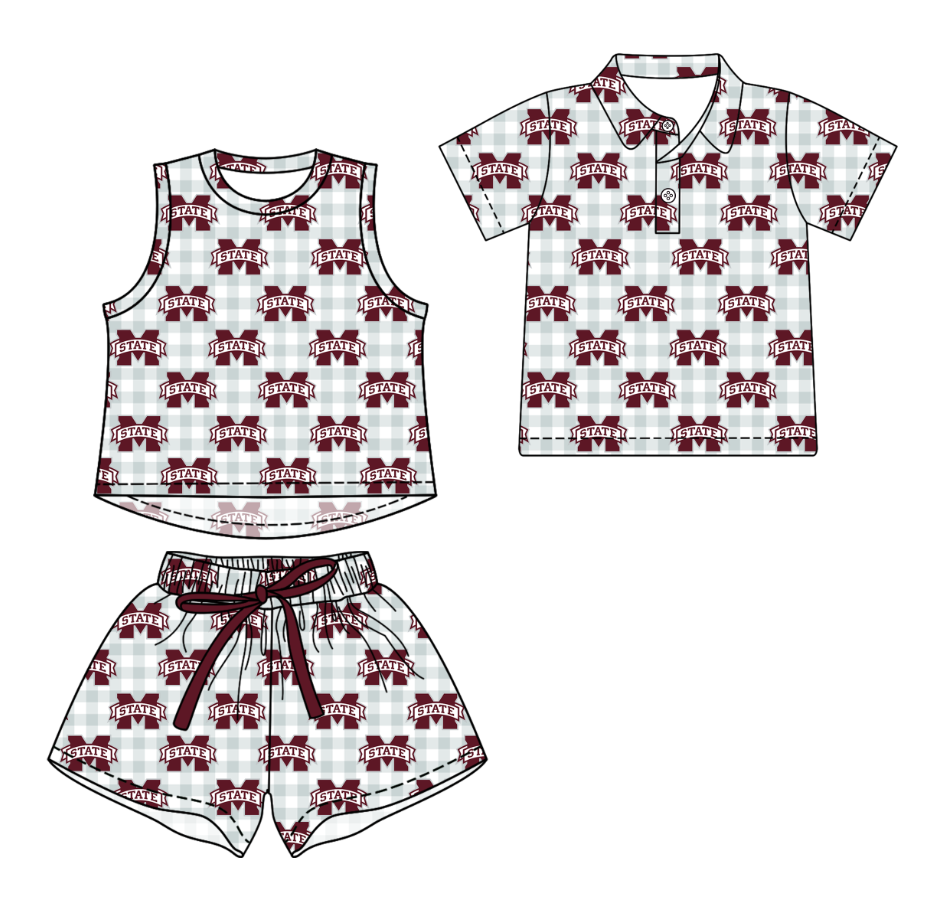Custom moq 5 mix size milk silk summer teams Grey Checked Girls Sleeveless Top And Short Sets Boys Short Sleeve Checked Button Polo Shirt Top