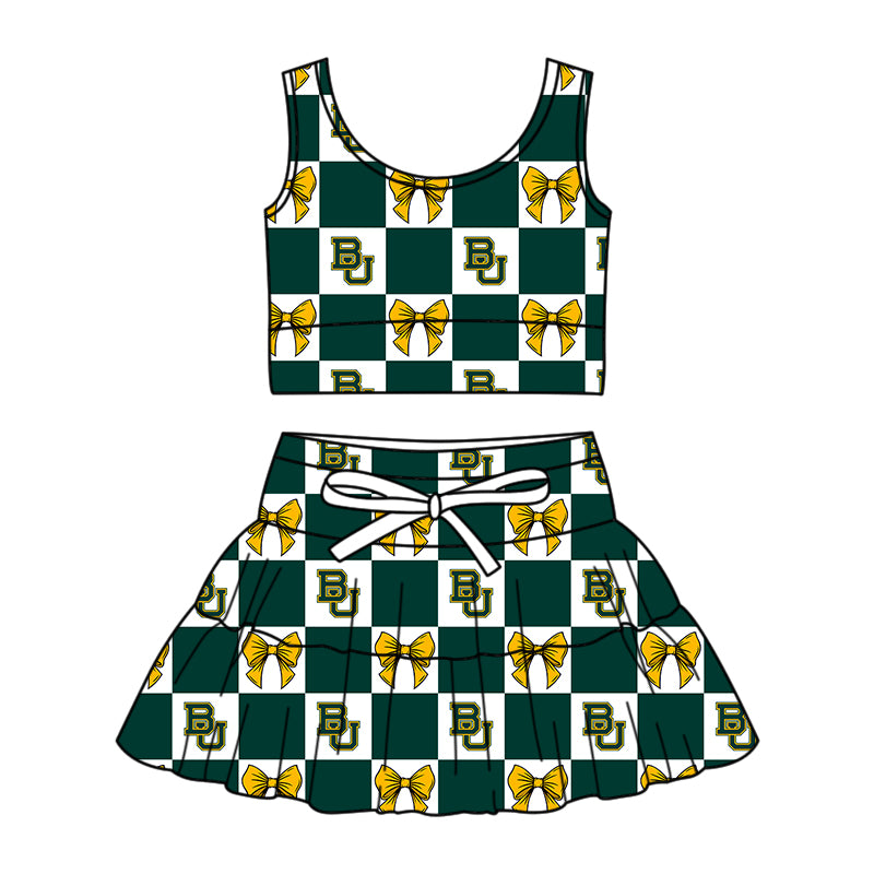 Custom moq 3 or 5 mix size milk silk summer teams baby girl clothes bow green sleeveless skirts sets-26.1.24