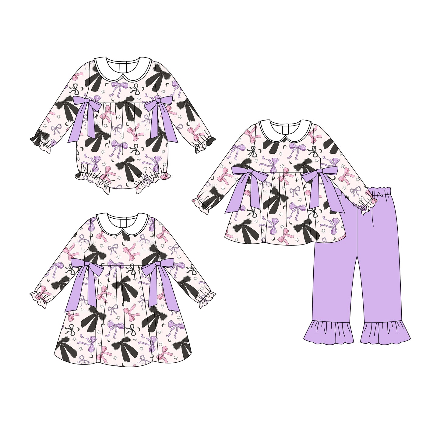 25.8.6 custom each style moq 5eta 4-6week Sibling Sisters bow baby girl long sleeve pants sets and dress and rompers match family design