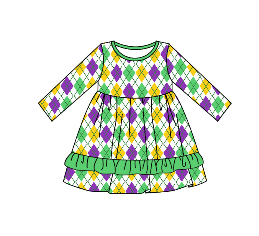 9.25 custom each style moq 5eta 4-6week baby girl clothes MARDI GRAS long sleeve dress