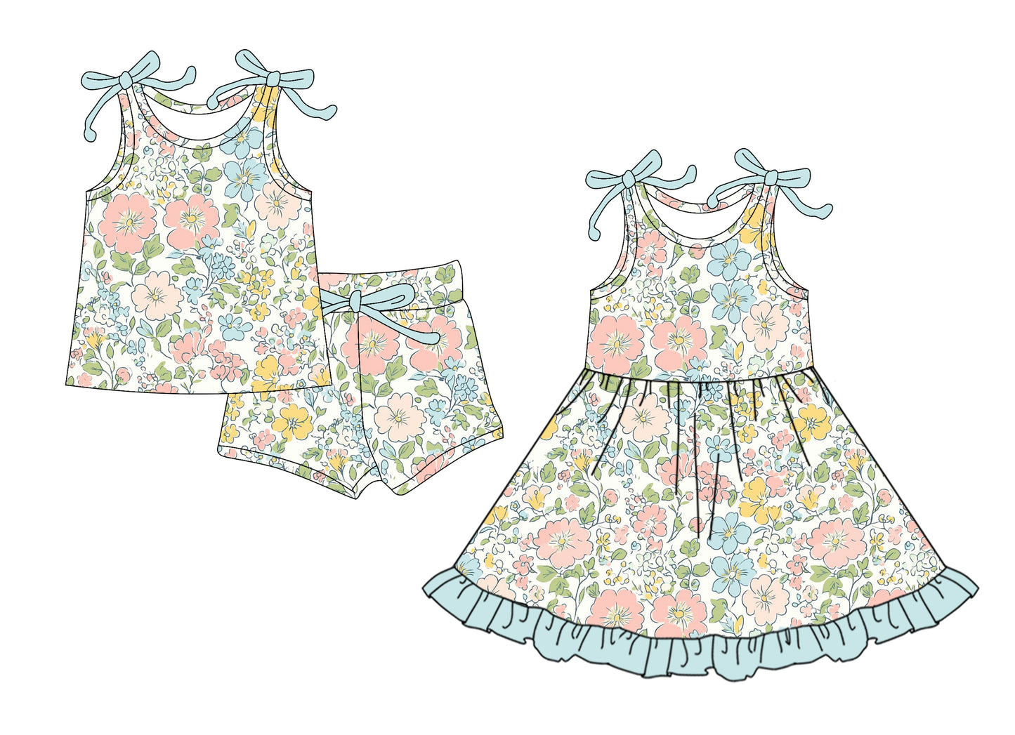 3.5 Custom moq 5 mix size Sibling Baby Girl's Flowers Sleeveless Top And Shorts Set Matching Cute Dress for Summer