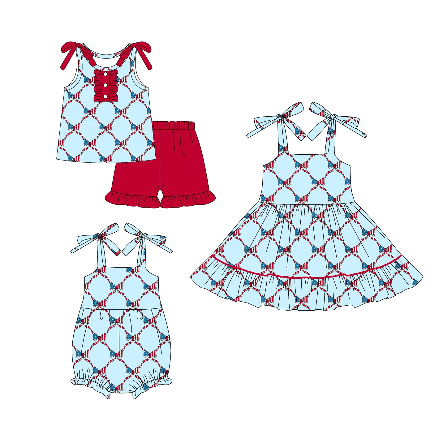 4.21 custom each style moq 5eta 4-6week Sibling Sisters 4th of july bow baby girl short sleeve shorts sets and dress and rompers match family design