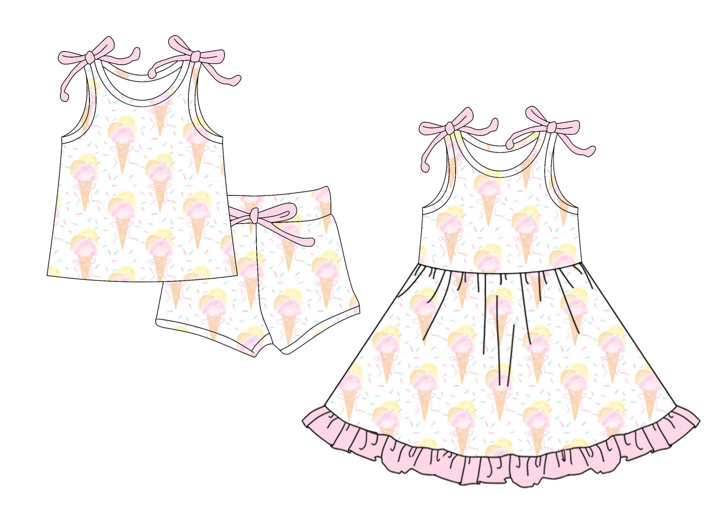4.11 custom each style moq 5eta 4-6week Sibling Sister ice cream baby girl short sleeve shorts sets and dresses match design
