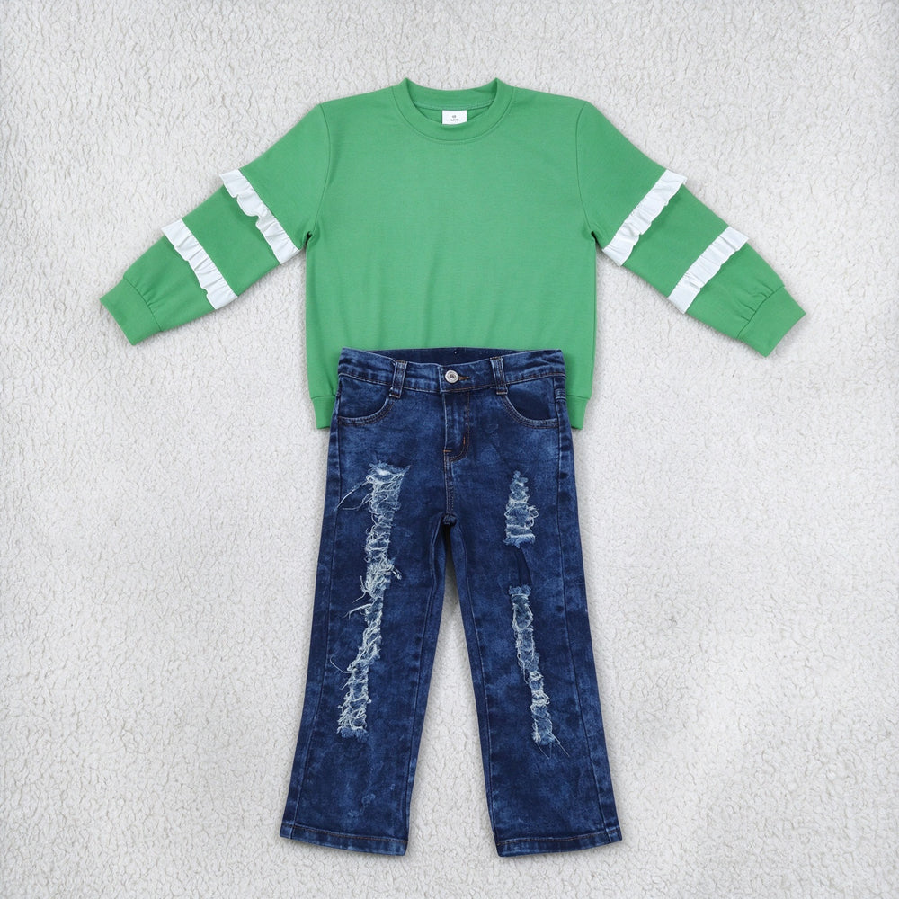 NEW RTS NO MOQ Denim GT1858+ P0197 Baby Girls Green White Patchwork Long Sleeve T-shirts Top Distressed Navy Blue Denim Pants Sets