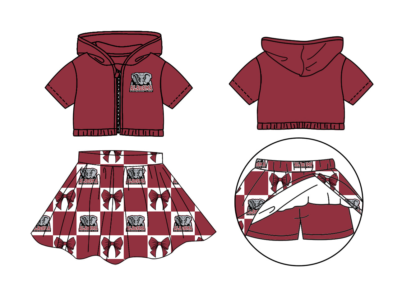 Custom moq 3 or 5 mix size milk silk summer teams baby girl clothes bow dark red zipper hooded short sleeve shorts skirts sets-26.1.17