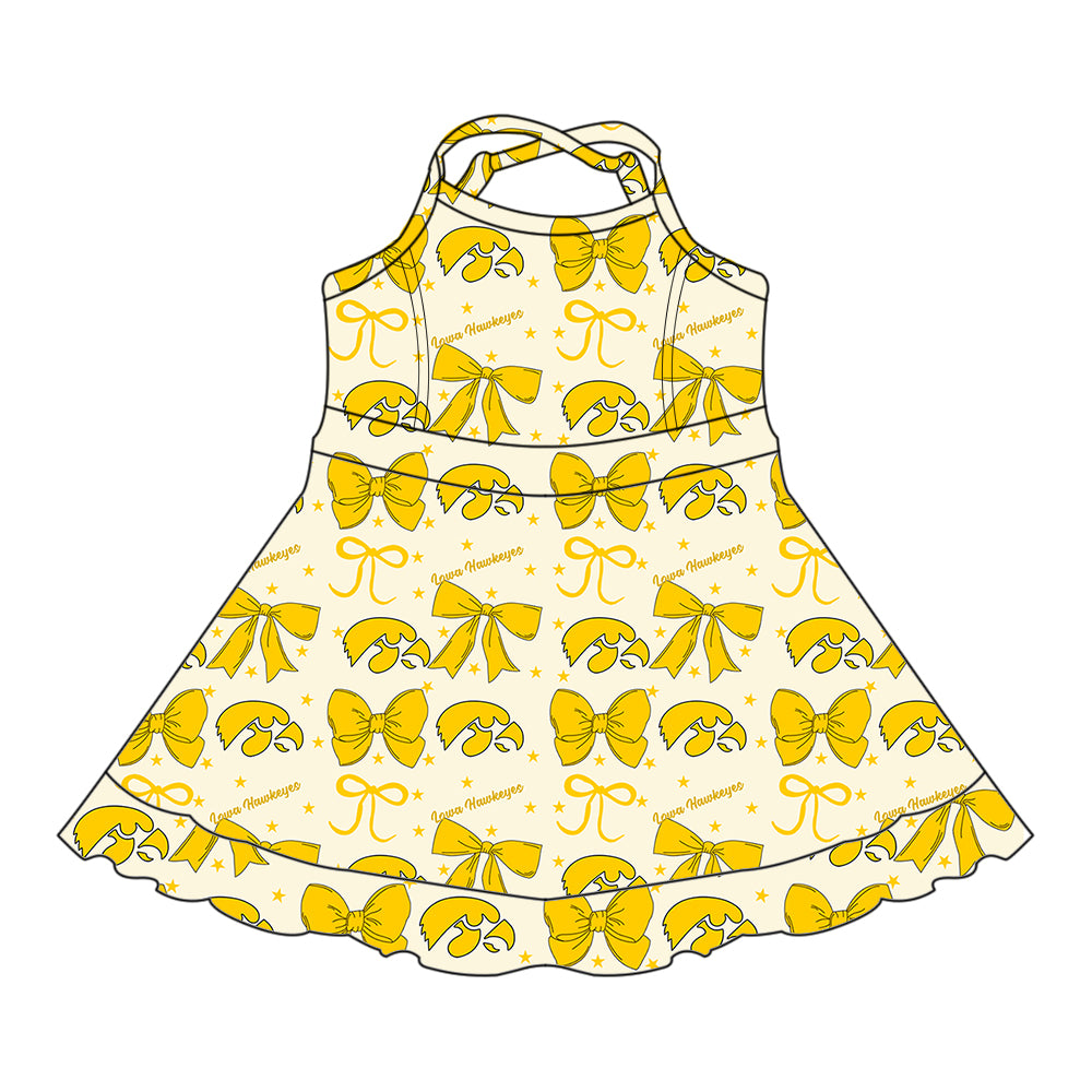 Custom moq 5 mix size milk silk summer teams baby girls clothes team bow yellow sleeveless skirts sets and dress 1 and dress 2 and dress 3-25.6.26