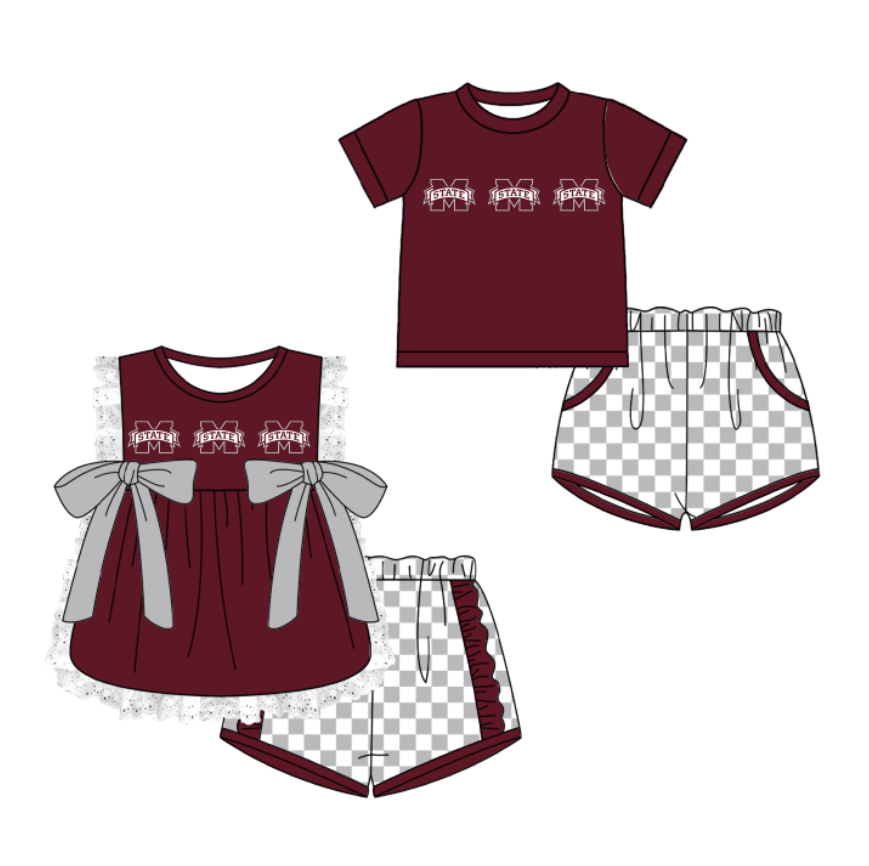 Custom moq 5 mix size milk silk summer teams Dark Red Girl Sleeveless Top And Plaid Shorts Set with Bow Boy Short Sleeved Top And Plaid Shorts Set