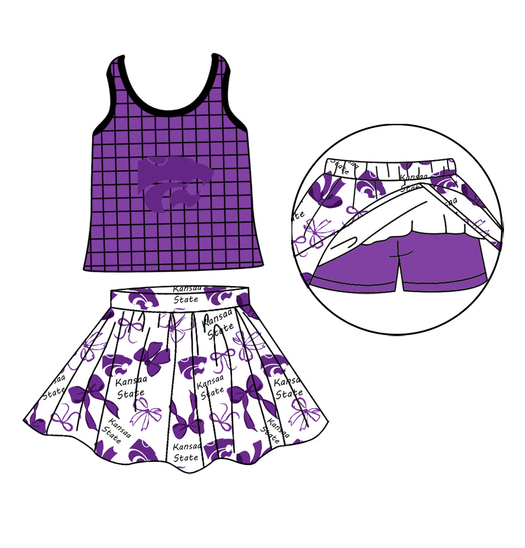 Custom moq 5 mix size milk silk summer teams Baby Girls Summer Sleeveless Plaid Purple Top Letter Bow Skort Sets
