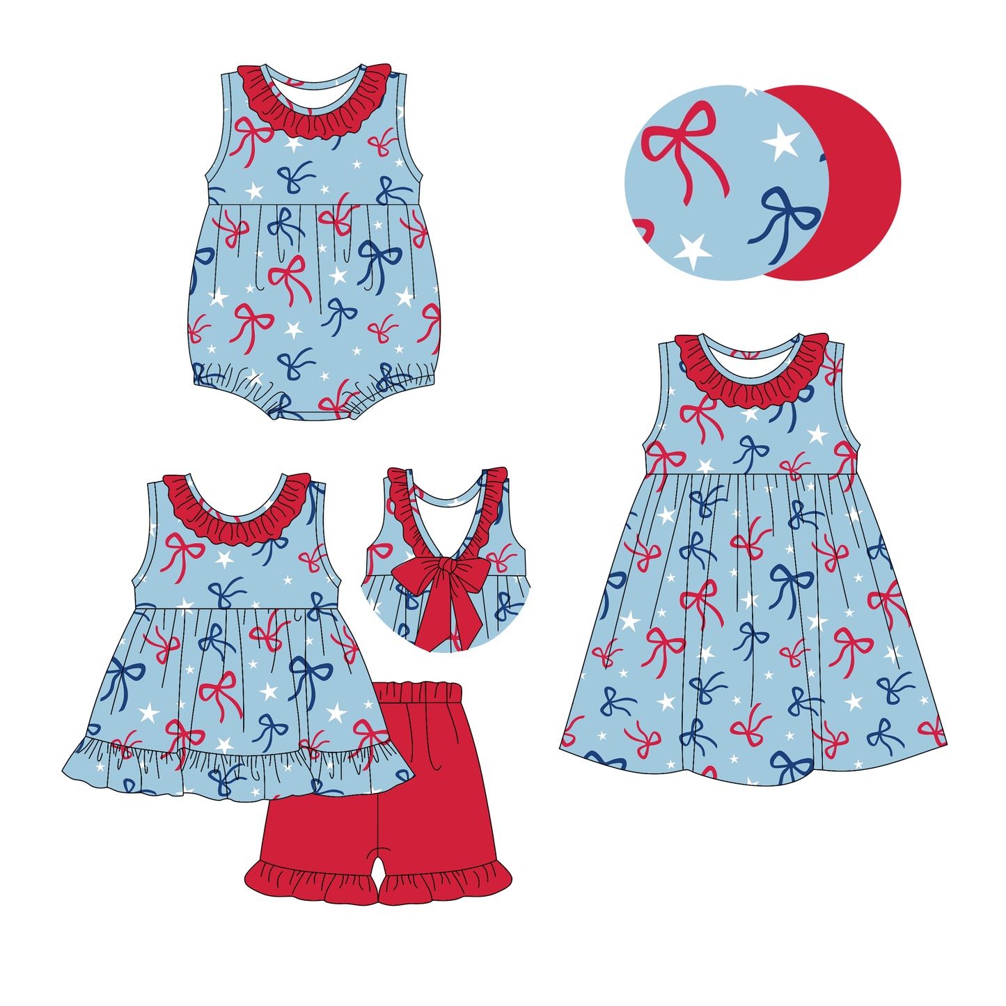 2.27 custom each style moq 5eta 4-6week Sibling Sisters bow baby girl short sleeve shorts sets and dress and rompers match family design