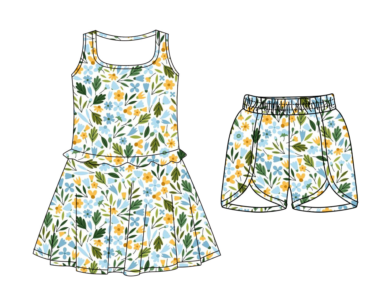 Custom moq 5 mix size Baby Girls Green Floral Print Sleeveless Dress with Elastic Waist Shorts