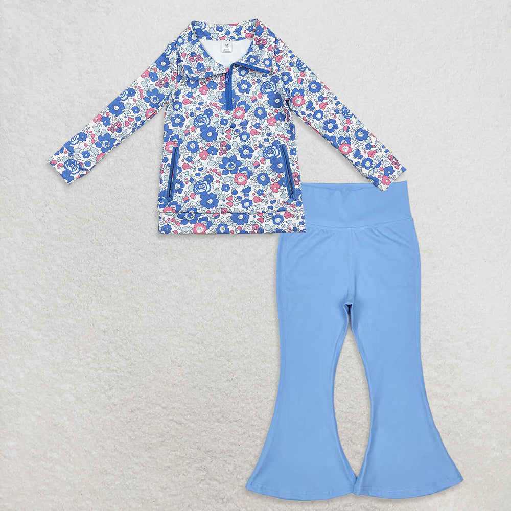 RTS NO MOQ(In Stock) GT1192+P0577 Floral plaid bow pattern yoga long-sleeved zip-up top blue Yoga Pants set
