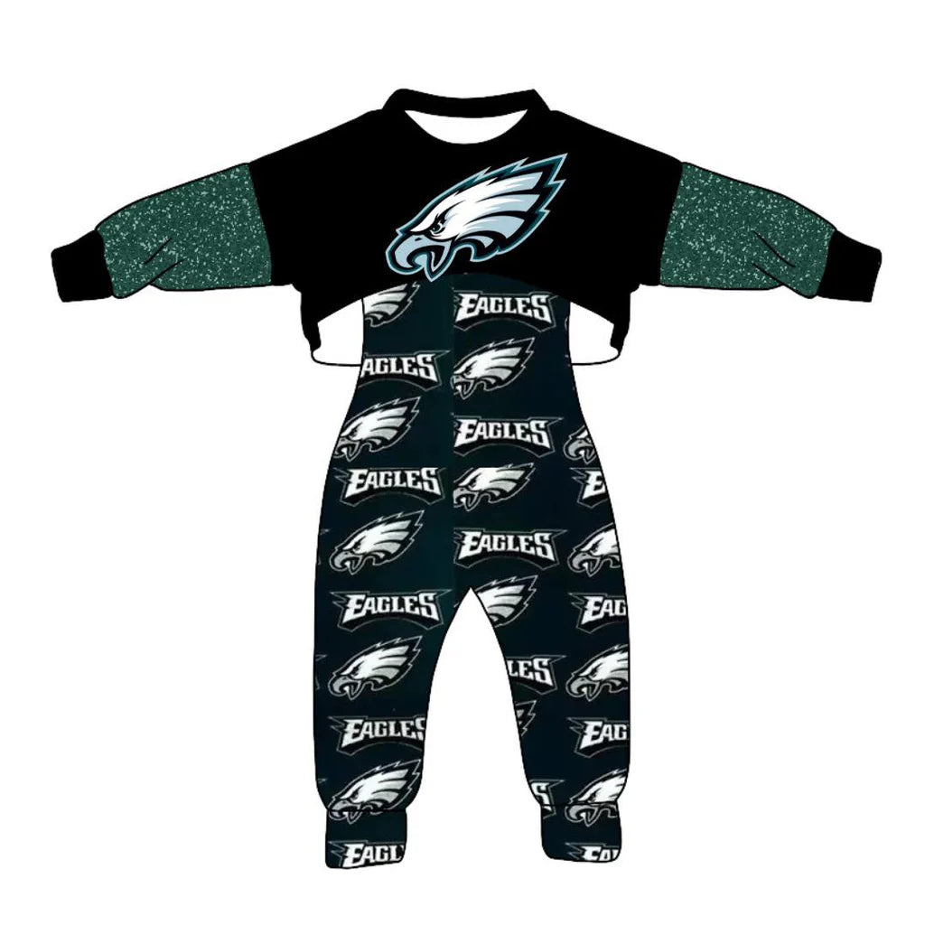 Deadline October 21 custom no moq eta 6-8weeks Black eagle head pattern green sequined long sleeve trousers jumpsuit