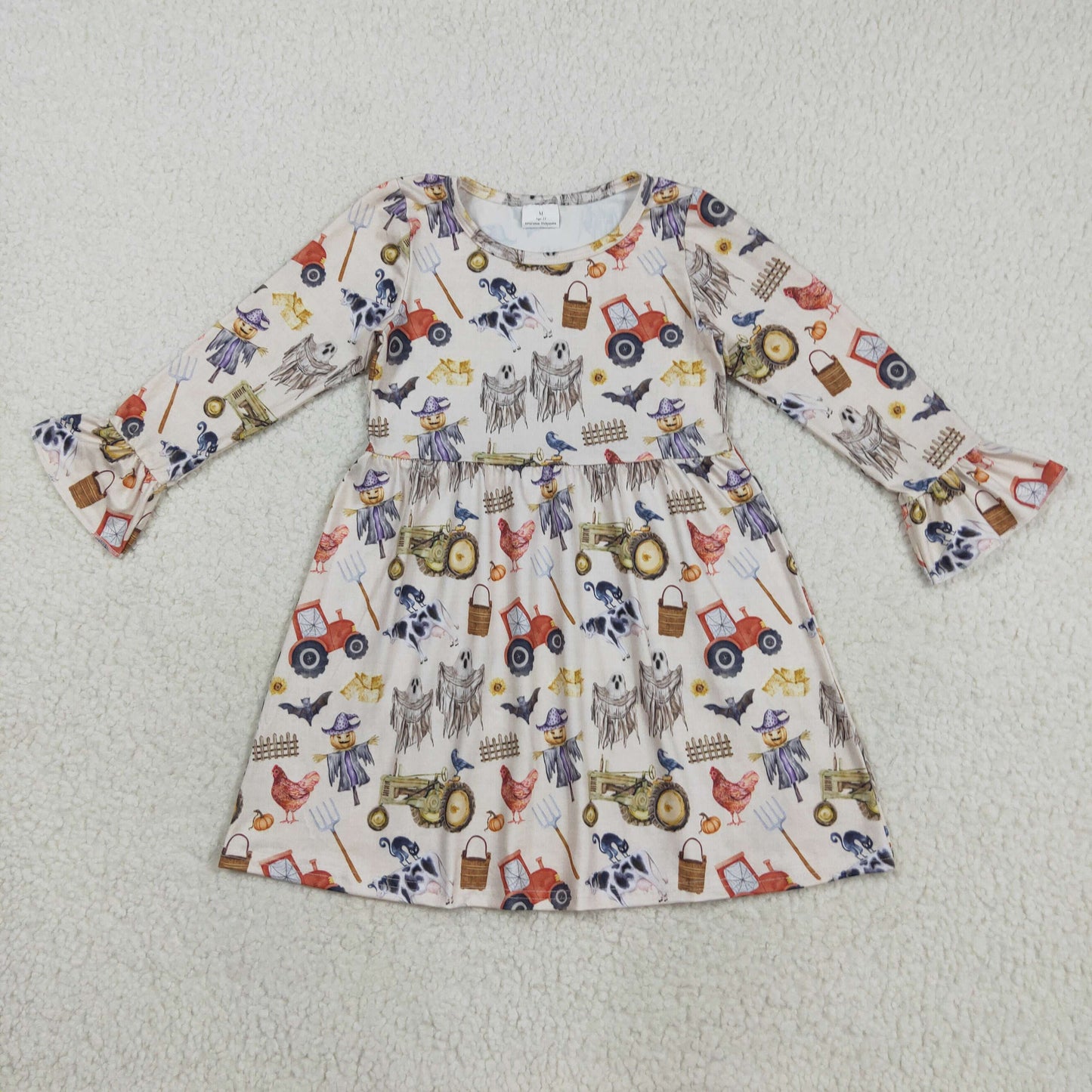 RTS NO MOQ(In Stock) GLD1196 Halloween Ghost Farm Animal Tractor Long-Sleeved Dress
