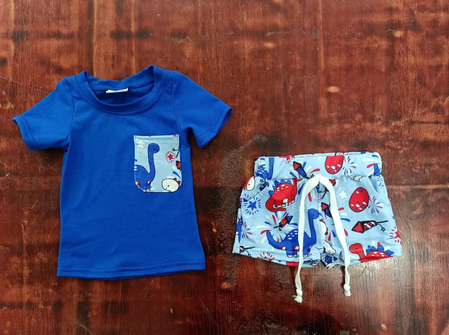 summer boys dinosaur fire blue short sleeve shorts boys sets