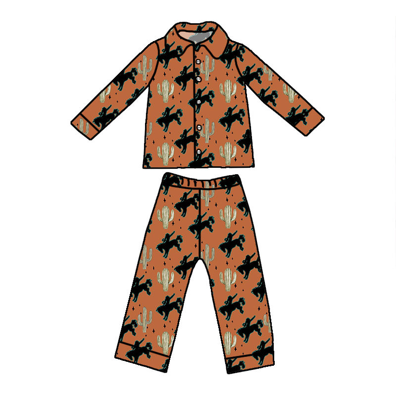 Custom moq 5 mix size milk silk summer baby boy clothes riding horse catcus long sleeve pants sets-25.8.15