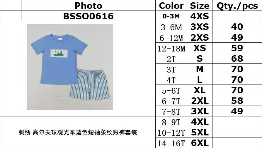 rts no moq BSSO0616 Embroidered golf cart blue short-sleeved striped shorts suit