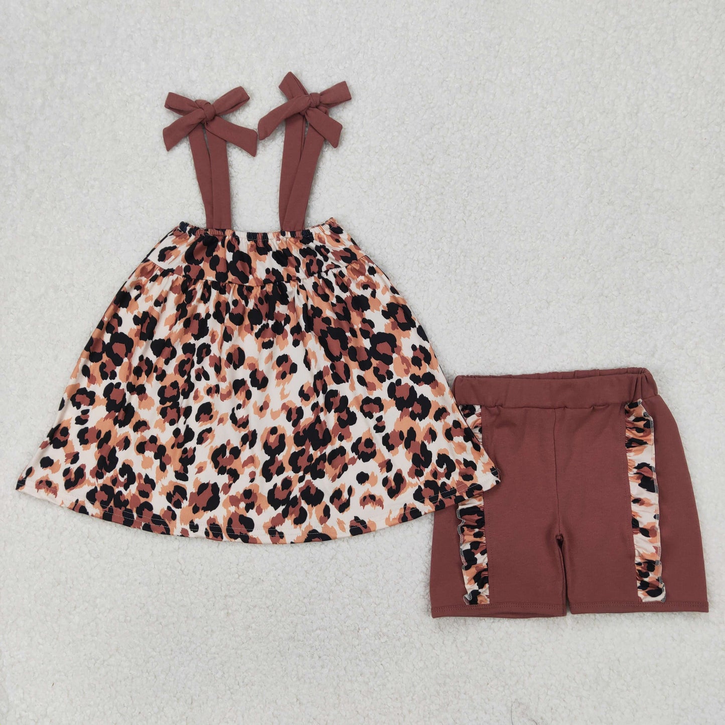 RTS NO MOQ(In Stock) brown leopard print beige suspender shorts set